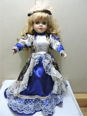 Ashley Belle Porcelain Doll Blue Dress Porcelain Doll 15 Inches tall w/ Stand